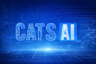 CATS AI logo in blue in a technology and cyber theme