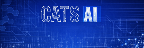 CATS AI letters over blue background with technology and cyber theme